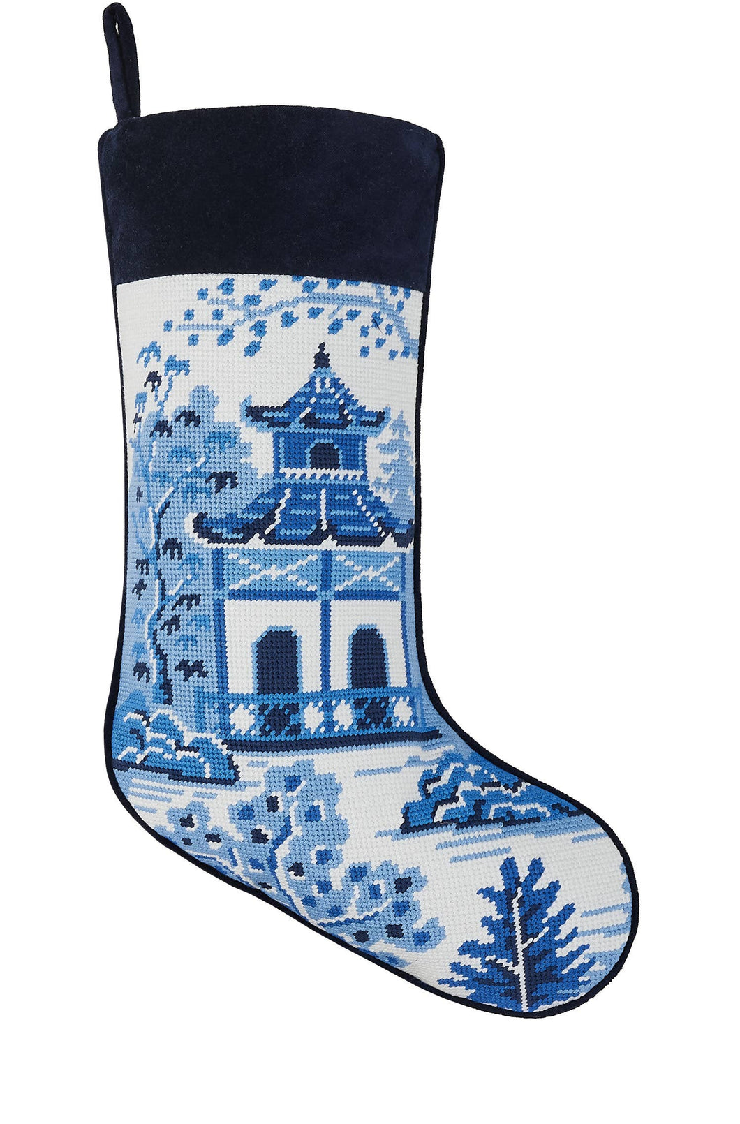 Chinoiserie Pagoda Embroidered Needlepoint Stocking