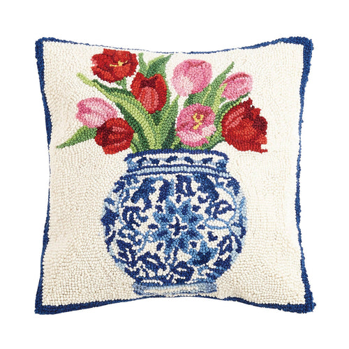 Chinoiserie Blue and White Vase Tulips Handmade, Hooked  Pillow